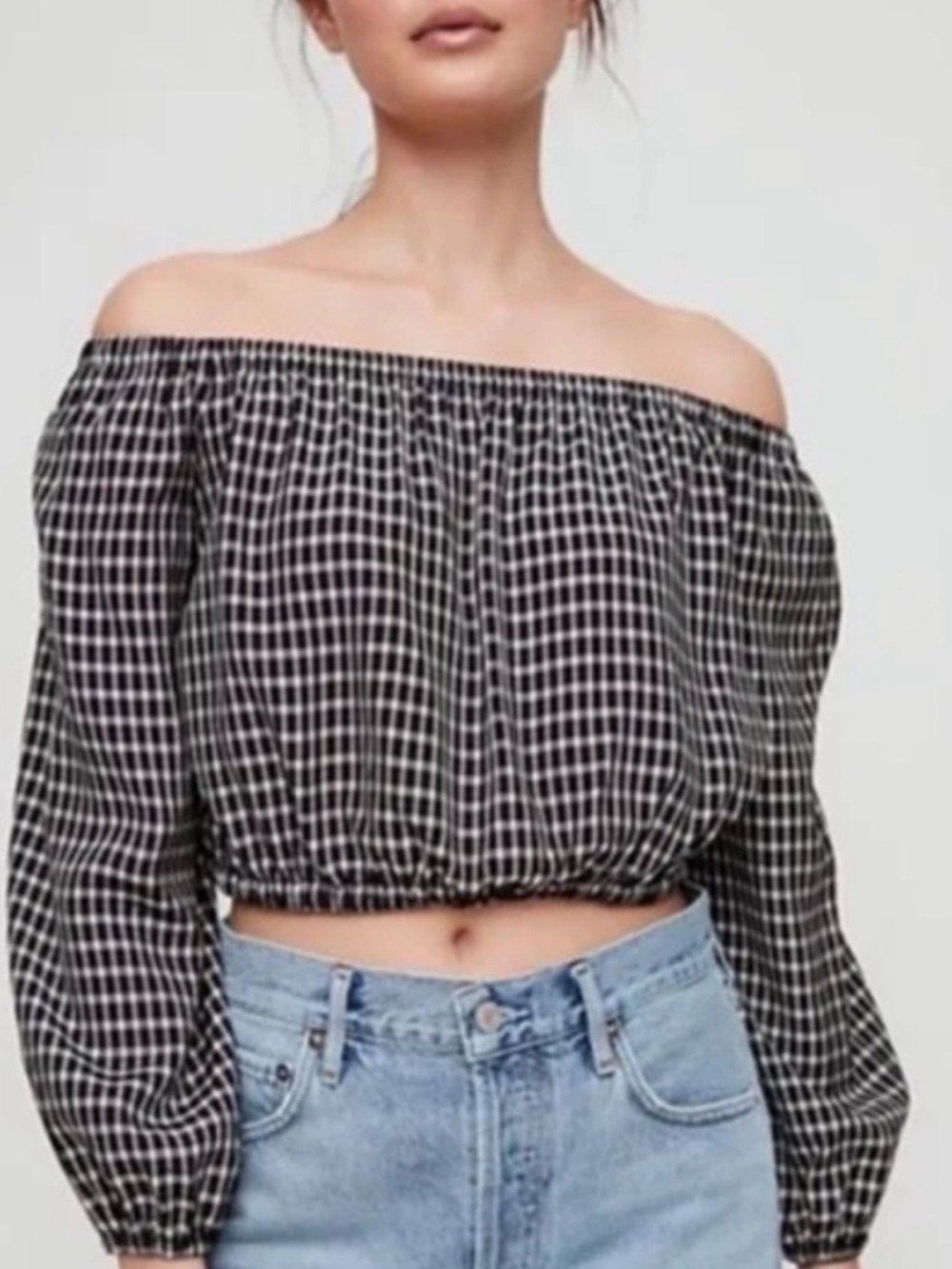 Wilfred Eleanora Gingham Cropped Blouse Off Shoulder Puff Sleeve Medium